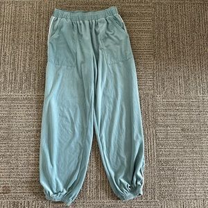 Blue Blush Velvet Joggers with White Pin Stripe from Mystique Boutique